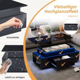 Rolipo Black High Gloss Lift Top Coffee Table with LED Lights & Storage - Size: 1 Pack - thumbnail 2