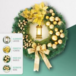 Globrite 40cm Christmas Wreath with Bows, Baubles & Lantern - Yellow - thumbnail 6