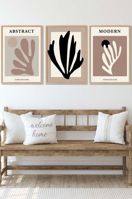 ARTZE Set of 3 Oak Framed Matisse Style Floral Cut Out Browns & Black Wall Art in Chocolate - Size: W33 cm x H45 cm x D20mm - image 1