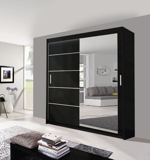 OLYMPIA FURNITURE Lyon 203cm Sliding Mirror Door Wardrobe With Hanging Rails & Shelves Available In 3 Colour in Black - image 1