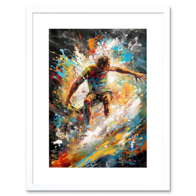 "Artery8 Wall Art Print Surfer Surfing on Crashing Waves Splatter Paint Artwork Framed 9X7 Inch in White - Size: W7"" x H9""" - image 1
