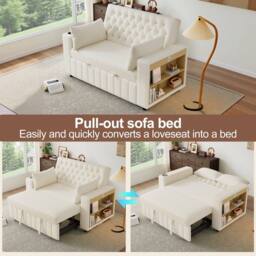 Merax Modern Pull-Out Chesterfield Sofa Bed with Storage Armrest & USB Ports in Beige - thumbnail 9