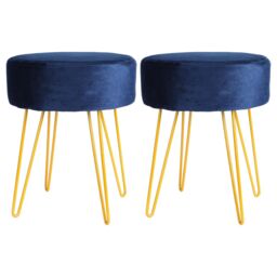 Harbour Housewares Round Velvet Footstools - H40 x D35cm - Gold Hairpin Legs - Pack of 2 in Blue