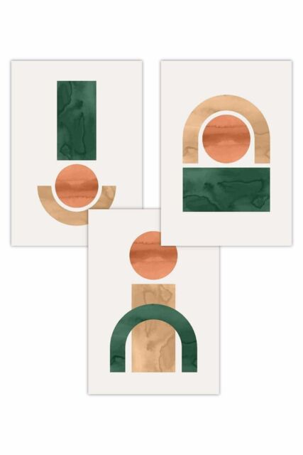 ARTZE Set of 3 Mid Century Graphical Shapes in Green Yellow Orange Art Posters - Size: W50 cm x H70 cm - image 1