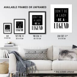 Artery8 Don't Be A Lady Be A Legend Bold Black & White Framed Wall Art Print - Size: A4 - thumbnail 3