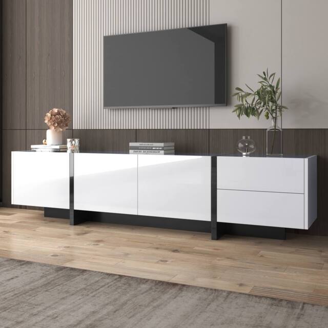 BTM High-Gloss TV Stand, White & Black Colorblock, Doors & Drawers - image 1