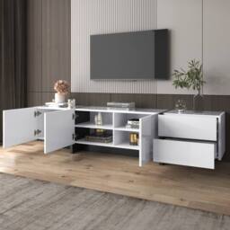 BTM High-Gloss TV Stand, White & Black Colorblock, Doors & Drawers - thumbnail 3