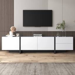 BTM High-Gloss TV Stand, White & Black Colorblock, Doors & Drawers - thumbnail 2