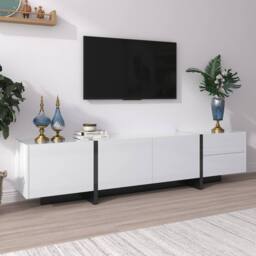 BTM High-Gloss TV Stand, White & Black Colorblock, Doors & Drawers - thumbnail 8