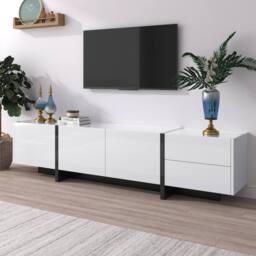 BTM High-Gloss TV Stand, White & Black Colorblock, Doors & Drawers - thumbnail 6