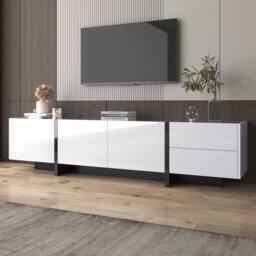 BTM High-Gloss TV Stand, White & Black Colorblock, Doors & Drawers