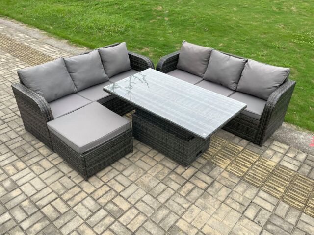 Fimous Outdoor Rattan Garden Furniture Sets Height Adjustable Rising lifting Dining Table Sofa Set with Big Footstool in Dark Grey - image 1