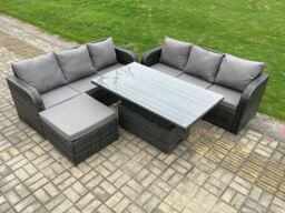 Fimous Outdoor Rattan Garden Furniture Sets Height Adjustable Rising lifting Dining Table Sofa Set with Big Footstool in Dark Grey - thumbnail 2