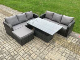 Fimous Outdoor Rattan Garden Furniture Sets Height Adjustable Rising lifting Dining Table Sofa Set with Big Footstool in Dark Grey - thumbnail 1