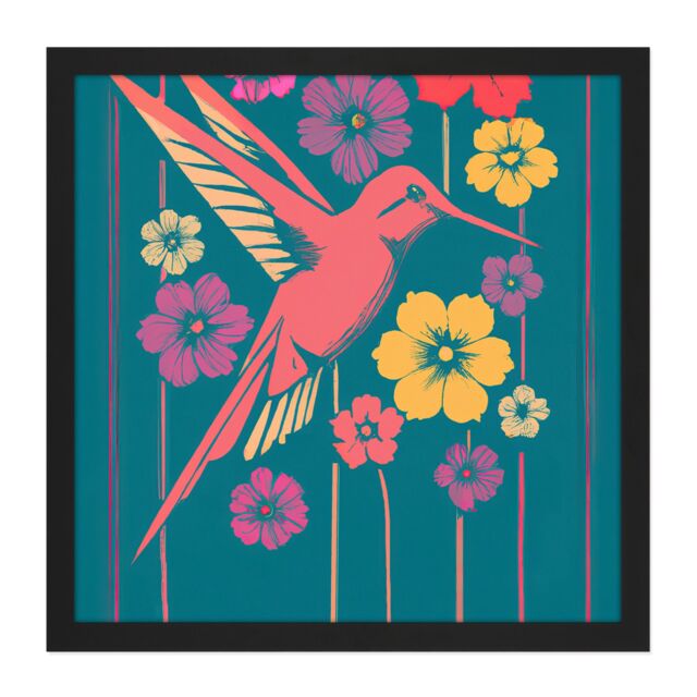 "Artery8 Wall Art Print Coral Pink Hummingbird Yellow Purple Red Flowers Painting Square Framed Picture 16X16 Inch in Black - Size: W16"" x H16""" - image 1