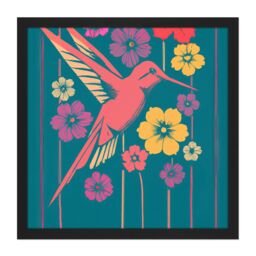 "Artery8 Wall Art Print Coral Pink Hummingbird Yellow Purple Red Flowers Painting Square Framed Picture 16X16 Inch in Black - Size: W16"" x H16""" - thumbnail 1