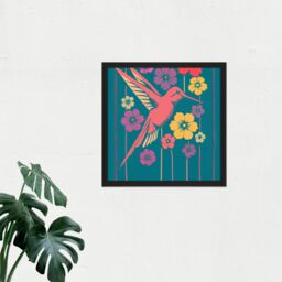 "Artery8 Wall Art Print Coral Pink Hummingbird Yellow Purple Red Flowers Painting Square Framed Picture 16X16 Inch in Black - Size: W16"" x H16""" - thumbnail 2