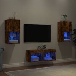 Berkfield Home 4 Piece TV Wall Cabinets with LED Lights Smoked Oak in Brown - thumbnail 2
