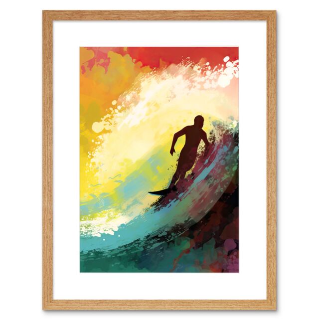 "Artery8 Wall Art Print The Silhouette of a Surfer Surfing on a Big Wave Artwork Framed 9X7 Inch in Beige - Size: W7"" x H9""" - image 1