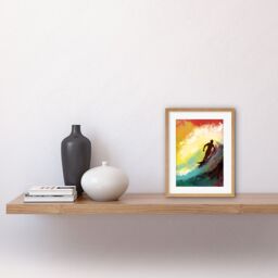 "Artery8 Wall Art Print The Silhouette of a Surfer Surfing on a Big Wave Artwork Framed 9X7 Inch in Beige - Size: W7"" x H9""" - thumbnail 2