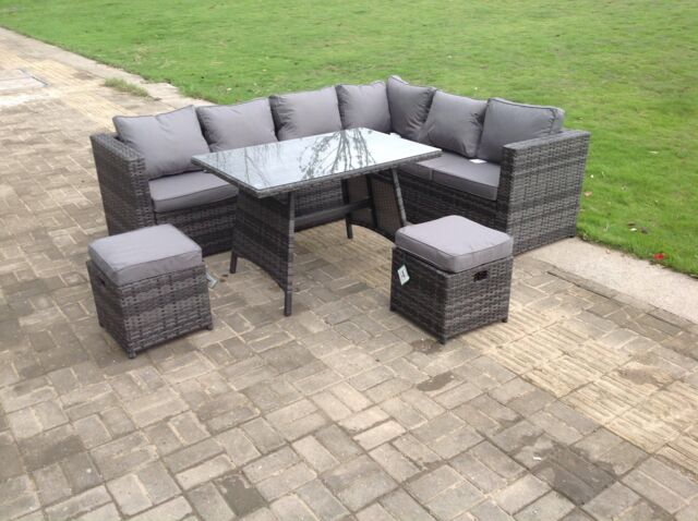 Fimous Dark Mixed Grey Rattan Garden Outdoor Corner Sofa Set Rectangular Dining Table Small Footstools 8 Seater in Dark Grey - image 1