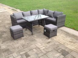 Fimous Dark Mixed Grey Rattan Garden Outdoor Corner Sofa Set Rectangular Dining Table Small Footstools 8 Seater in Dark Grey - thumbnail 1