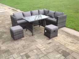 Fimous Dark Mixed Grey Rattan Garden Outdoor Corner Sofa Set Rectangular Dining Table Small Footstools 8 Seater in Dark Grey - thumbnail 3