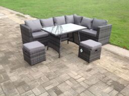 Fimous Dark Mixed Grey Rattan Garden Outdoor Corner Sofa Set Rectangular Dining Table Small Footstools 8 Seater in Dark Grey - thumbnail 4