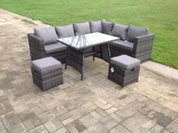 Fimous Dark Mixed Grey Rattan Garden Outdoor Corner Sofa Set Rectangular Dining Table Small Footstools 8 Seater in Dark Grey - thumbnail 2