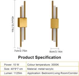 Goeco LED Indoor Wall Light, Gold Modern LED Wall Light for Bedroom, 3000K - thumbnail 2