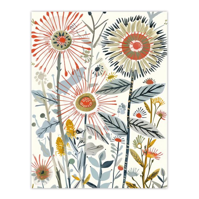 "Artery8 Aster Flower Painting Wildflowers Spring Folk Art Wall Art Print in White - Size: W24"" x H32""" - image 1
