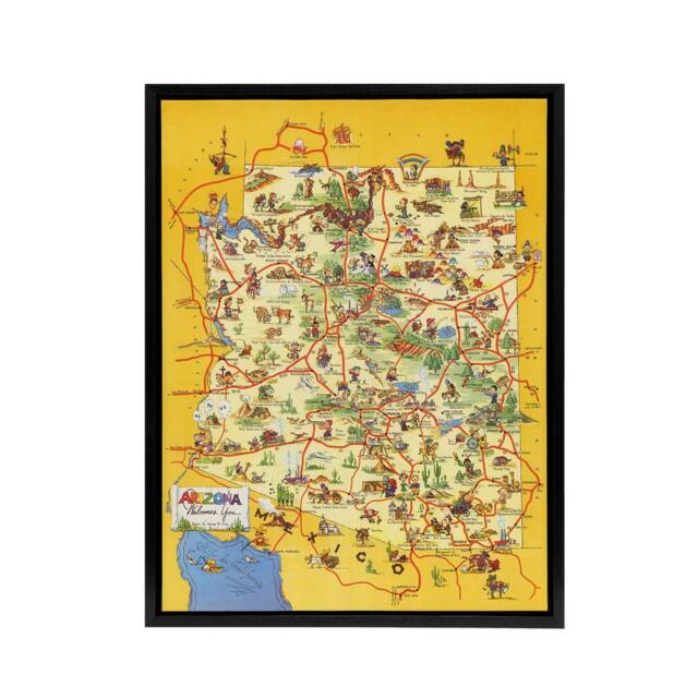 "Artery8 Map Avey 1942 Arizona Welcomes You Framed Canvas Wall Art Print in Yellow - Size: W18"" x H24""" - image 1