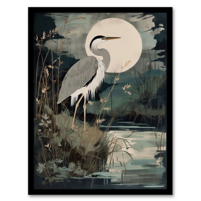 Artery8 Supper Time By George Sinclair Moonlit Heron Earthy Vintage Botanical Aesthetic Artwork Framed Wall Art Print A4 in Black - image 1