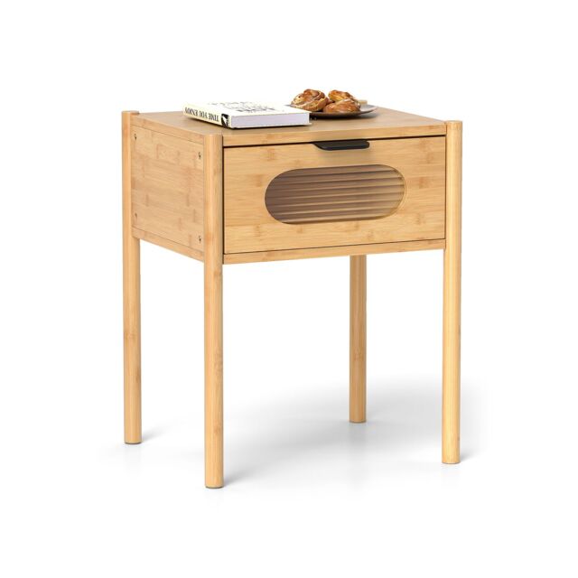 Gymax Bedside Table Nightstand With Tempered Glass Drawer Square End Table in Natural - image 1