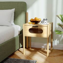 Gymax Bedside Table Nightstand With Tempered Glass Drawer Square End Table in Natural - thumbnail 3
