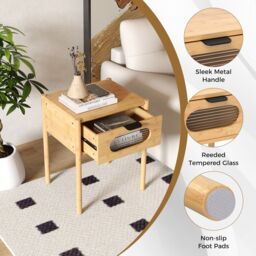 Gymax Bedside Table Nightstand With Tempered Glass Drawer Square End Table in Natural - thumbnail 6