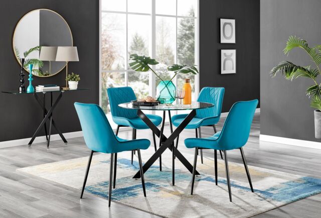 FurnitureboxUK Novara 4 Seater Black Leg Round Glass Dining Table & 4 Pesaro Soft Velvet Black Leg Chairs in Blue - image 1