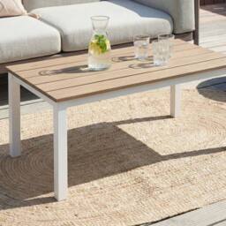 Wyld and Coco Coffee Table Plastic Wood Top White Powder Coat Aluminium 96 x 52cm in Brown - Size: 96 x 52 cm