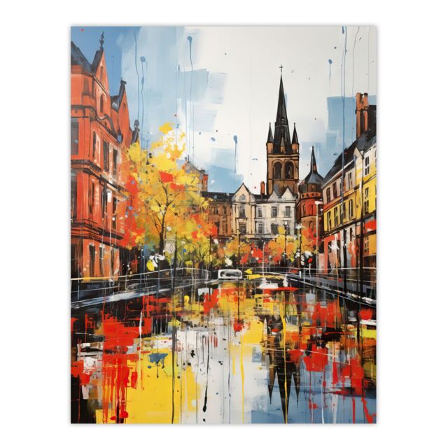 "Artery8 Glasgow Cityscape Vibrant Oil Painting Red Yellow Autumn In Scotland Extra Large XL Unframed Wall Art Poster Print - Size: W24"" x H32""" - image 1