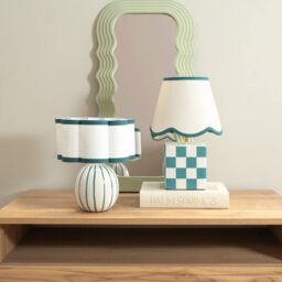 ValueLights Rohan Teal Stripe Ceramic Sphere Table Lamp with Teal Trim Shade & LED Bulb in Green - thumbnail 8