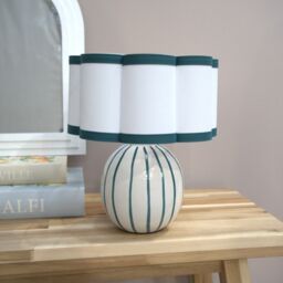 ValueLights Rohan Teal Stripe Ceramic Sphere Table Lamp with Teal Trim Shade & LED Bulb in Green