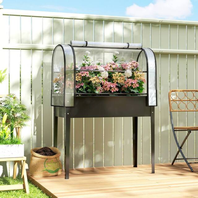 OUTSUNNY Metal Raised Planter with Flip-Up Greenhouse, Drainage Hole, Black - image 1