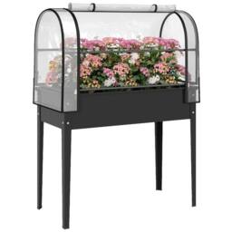 OUTSUNNY Metal Raised Planter with Flip-Up Greenhouse, Drainage Hole, Black - thumbnail 2