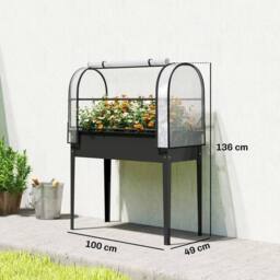 OUTSUNNY Metal Raised Planter with Flip-Up Greenhouse, Drainage Hole, Black - thumbnail 3