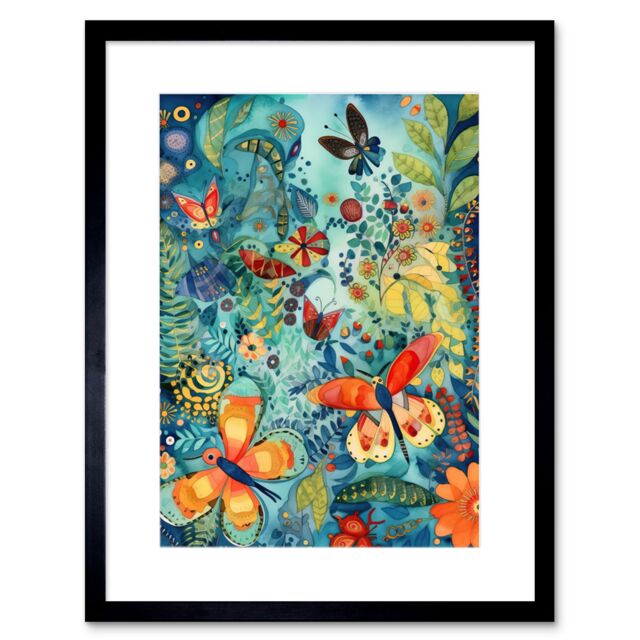 "Artery8 Wall Art Print Butterfly Insects in Flower Field Modern Folk Artwork Framed 9X7 Inch in Black - Size: W7"" x H9""" - image 1