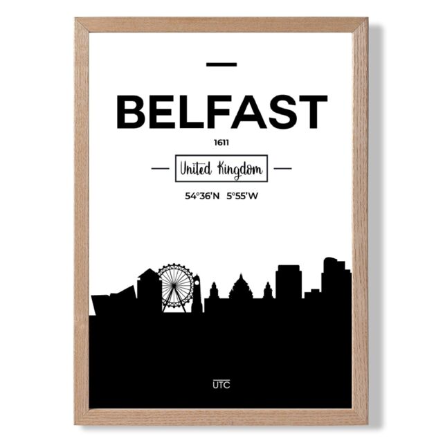 ARTZE Belfast Black & White City Skyline Framed Print SIZE: A4 with Oak Frame - image 1
