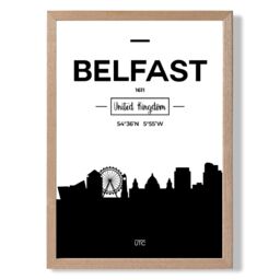 ARTZE Belfast Black & White City Skyline Framed Print SIZE: A4 with Oak Frame - thumbnail 1