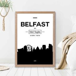 ARTZE Belfast Black & White City Skyline Framed Print SIZE: A4 with Oak Frame - thumbnail 2