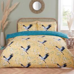 Rapport Home Cranes Microfibre Reversible Duvet Cover Set with Pillowcase in Orange - Size: King - thumbnail 1