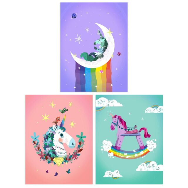 Wee Blue Coo Pack of 3 Kids Girl Bedroom Magical Unicorns & Rainbows Purple Pink Blue Unframed Wall Art Living Room Prints Set - image 1